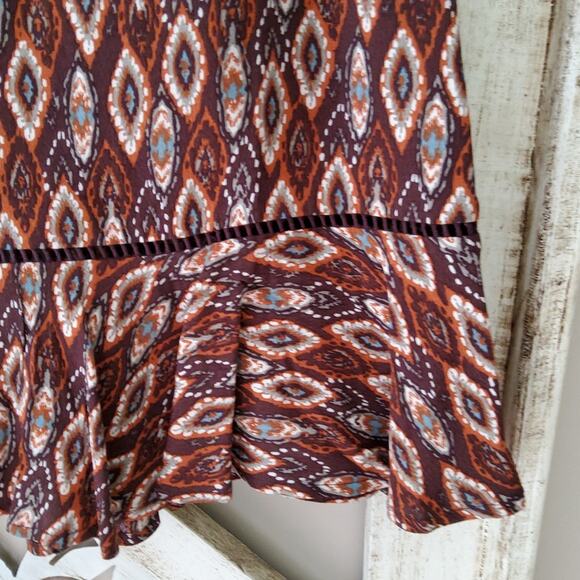 Premise Women's Paisley Ruffle Hem Side Zip A-line Skirt in Brown - Picture 2 of 6